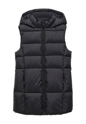 Veste matelassée noire sans manches avec fermeture éclair frontale, matelassage horizontal, deux poches latérales et capuche intégrée.