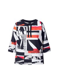Maglietta corta a maniche corte dai colori vivaci con un motivo geometrico che combina navy, bianco, rosso e nero. Presenta un colletto rotondo e un cordino regolabile.