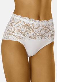 White lace high-waisted underwear featuring a floral pattern at the top and a smooth, solid white material below. Scalloped lace edge.