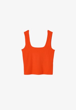 Haut court sans manches orange vif avec larges bretelles et encolure carrée sur fond blanc.