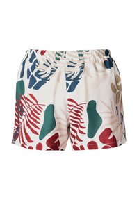 Szorty z elastycznym pasem, z białym tłem i kolorowym wzorem liści w kolorze zielonym, czerwonym i beżowym.