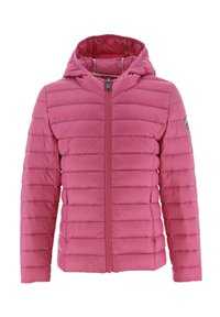 Chaqueta rosa acolchada con capucha, con costuras horizontales, cremallera frontal y acento de logo en la manga. Textura suave.