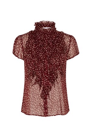 Burgundská průhledná blůza s krátkým rukávem, nařaseným vysokým límcem a vzorem s puntíky; má zapínání na knoflíky a texturovanou tkaninu.