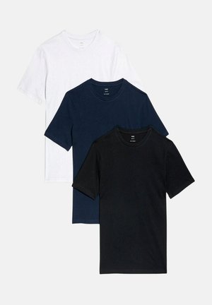 Drei kurzärmlige T-Shirts in Weiß, Marineblau und Schwarz. Hergestellt aus Baumwolle mit Rundhalsausschnitt; glatte Textur und reguläre Passform.