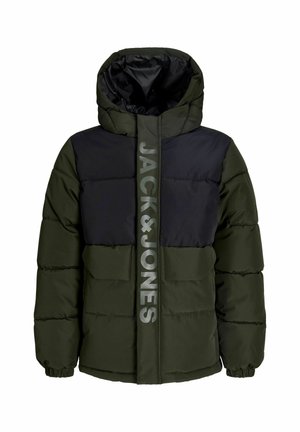 Gepolsterte Winterjacke in Dunkelgrün und Schwarz mit angebrachtem Kapuze und "JACK & JONES" Schriftzug auf der vorderen Reißverschlussabdeckung.