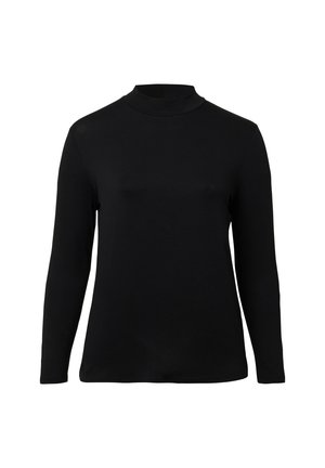 Czarny golf z długim rękawem wykonany z gładkiej, elastycznej tkaniny. Posiada dopasowany krój i wysoki kołnierz bez widocznych szwów czy wzorów.