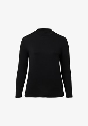 Czarny golf z długim rękawem wykonany z gładkiej, elastycznej tkaniny. Posiada dopasowany krój i wysoki kołnierz bez widocznych szwów czy wzorów.