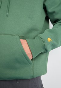 Sudadera verde con un bolsillo canguro, puños acanalados y un logo dorado bordado en la manga. Textura suave, corte relajado.