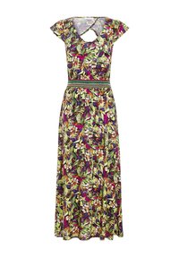 Blumenkleid im Maxistil aus weichem Stoff, mit kurzen Ärmeln, einem Schlüsselloch-Ausschnitt, elastischem Taillenbund und lebhaftem, mehrfarbigem tropischem Muster.