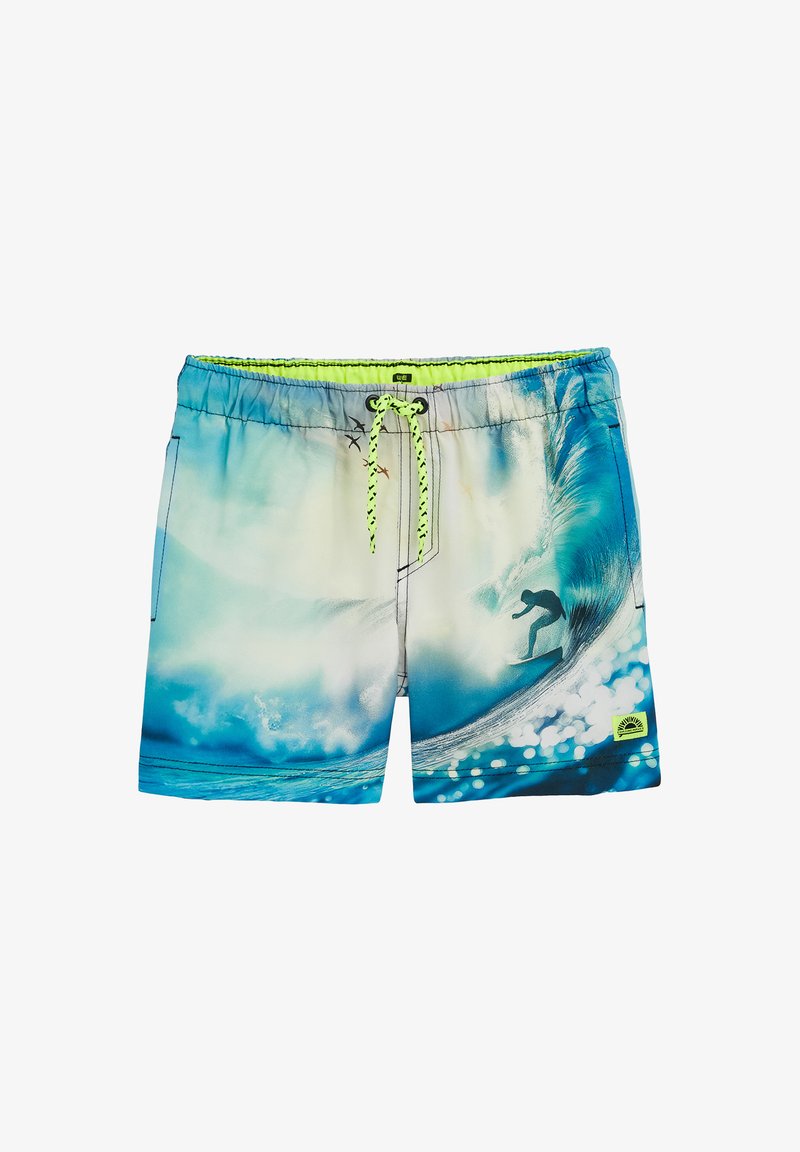 Maillot de bain pour homme avec un motif de vagues bleu et blanc, taille élastique avec cordon de serrage vert néon, et poches latérales.