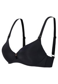 Black smooth molded cup bra with adjustable straps and a small decorative button at the center front.