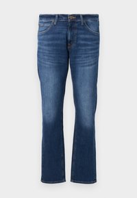 Mørkeblå denimjeans med rette ben. Funksjoner inkluderer frontlukk med knapp, fem lommer og subtil bleking.
