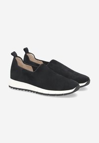 Black suede slip-on shoes with a white midsole and rubber outsole, featuring a smooth texture and rounded toe design.