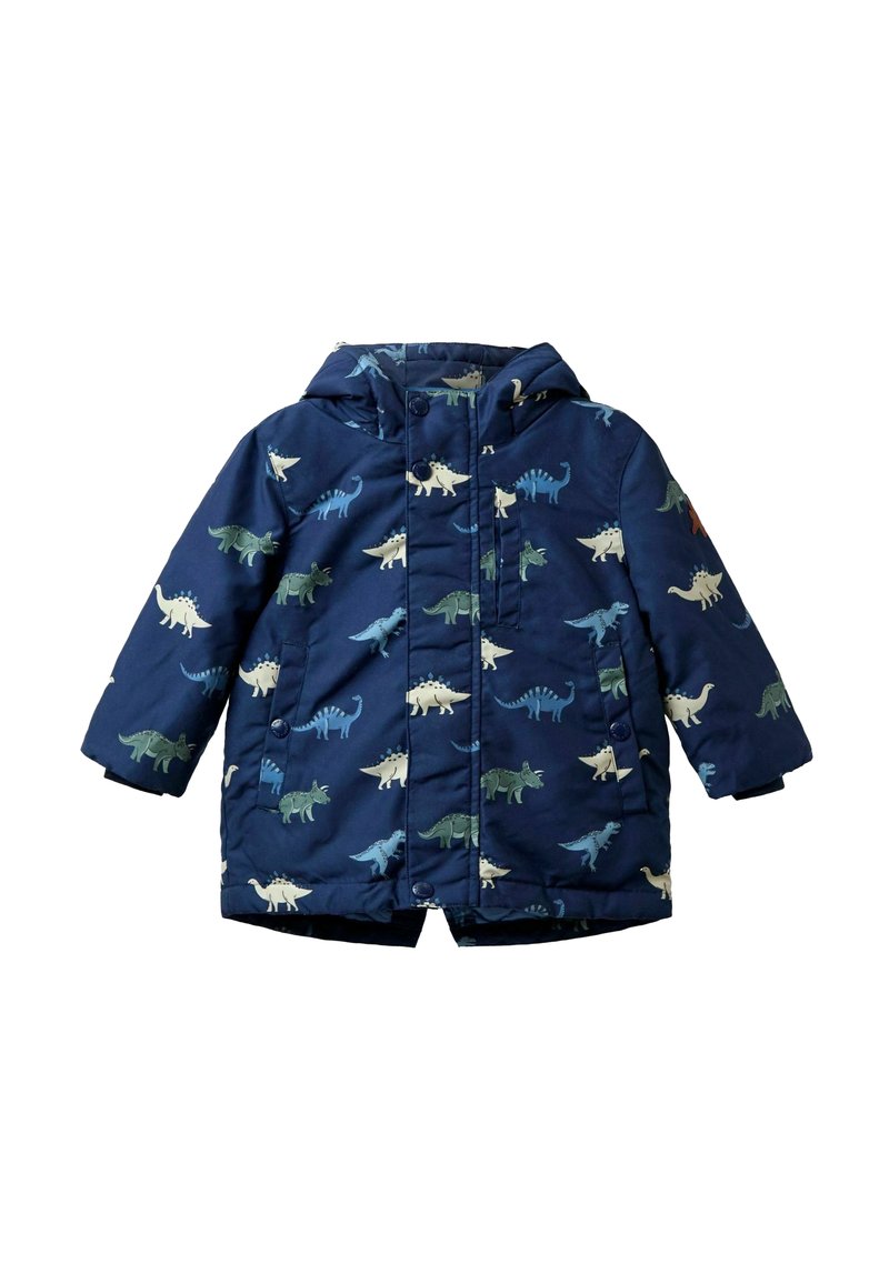 Tmavomodrá prešívaná bunda s dinosaurími vzormi v rôznych farbách. Obsahuje kapucňu, cvokové gombíky a bočné vrecká. Jemná, prešívaná textúra.