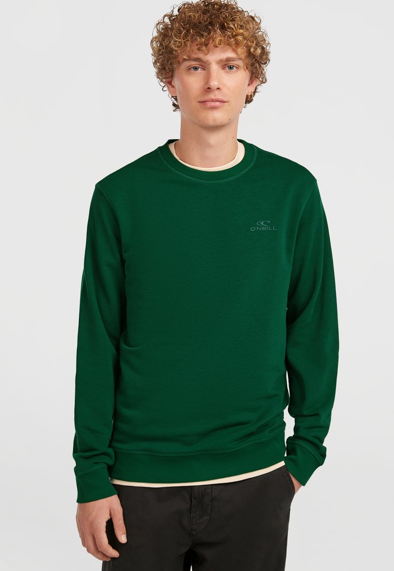 Groene sweatshirt met een ronde hals, lange mouwen en geribbelde manchetten. Bevat een subtiele logo op de borst. Gelaagd over een lichtgekleurde shirt.