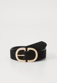 Cintura in suede nero con una fibbia circolare dorata, caratterizzata da una superficie liscia e piatta e un design elegante. Lunghezza regolabile per una vestibilità sicura.