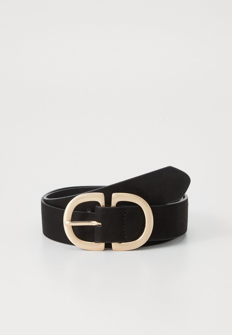 Curea din suede negru cu o cataramă circulară aurie, având o suprafață netedă și un design elegant. Lungime ajustabilă pentru o potrivire sigură.