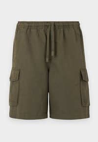 Khaki cargo shorts med elastisk talje, snor og to sidelommer. Stoffet er letvægts med en let struktureret overflade.