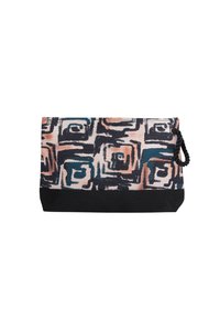 Borsa a busta con motivo a quadri nei colori rosa, blu e nero. Presenta una base nera solida e una maniglia cordonata per il trasporto.