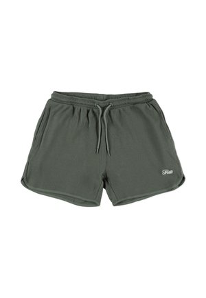 Zielone szorty z teksturowanego materiału z elastyczną talią na sznurku i bocznymi kieszeniami, z małym białym logo na dolnym lewym rogu.