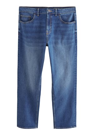 Modre ravne kavbojke iz jeansa imajo pet žepov, zapenjanje na gumb in nežno bledenje. Material je trpežen z teksturirano površino.