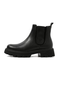 Stivale alla caviglia in pelle nera con pannelli laterali elastici, suola in gomma spessa e una linguetta sul retro. Presenta un design con punta rotonda.
