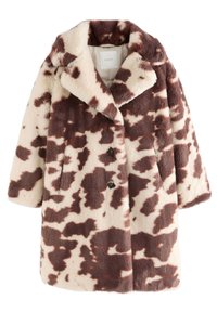 Brązowy i kremowy płaszcz z sztucznego futra z wzorem przypominającym krowę, z wyciętym kołnierzem, dwoma przednimi kieszeniami i trzema czarnymi guzikami.