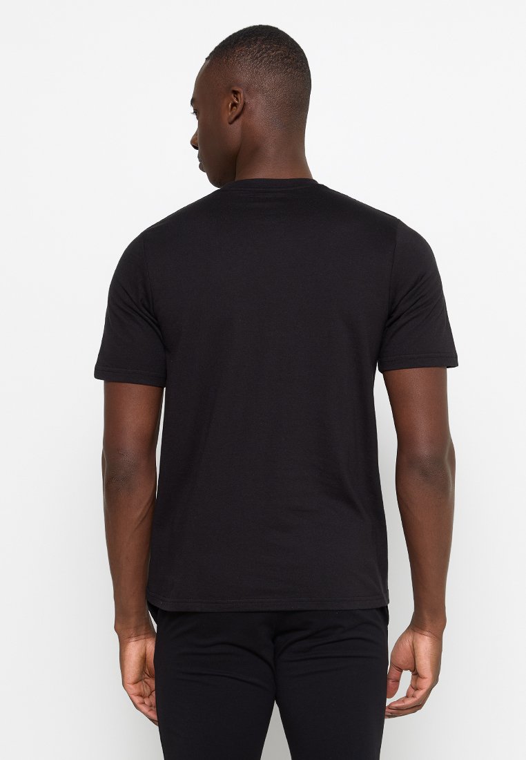 Schwarzes kurzärmeliges T-Shirt aus Baumwolle, mit klassischem Rundhalsausschnitt und glatter Textur, in regulärer Passform.