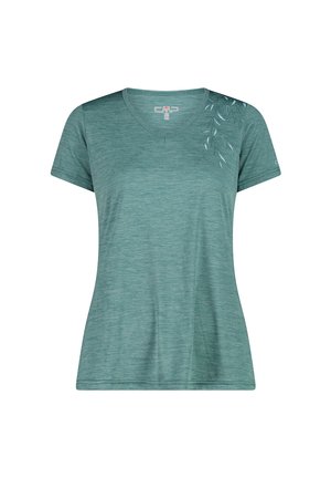 T-shirt da donna a maniche corte color verde petrolio con scollo a V, con un sottile motivo a foglia vicino alla spalla sinistra e tessuto mélange.