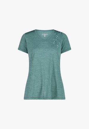 T-shirt femme manches courtes bleu sarcelle à col en V avec un motif de feuilles subtil près de l'épaule gauche et une texture de tissu chiné.