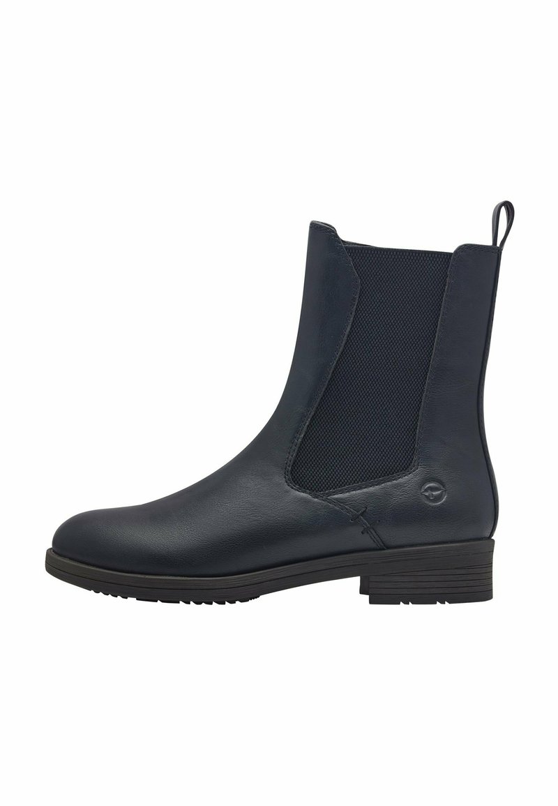 Las botas negras de cuero hasta el tobillo presentan paneles laterales elásticos, una lengüeta y suelas de goma texturizadas. El diseño es elegante con elementos decorativos mínimos.