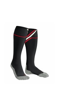 Chaussettes montantes noires avec des rayures diagonales rouges et blanches, dotées d'un pied rembourré gris et d'un design côtelé pour la texture et l'ajustement.