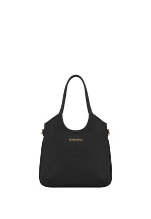 Black leather handbag with double handles, gold brand logo, and a subtle heart-shaped perforated design on the front.