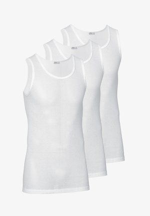 Tre hvide bomulds tanktops lavet af ribbet stof, med rund hals og uden ærmer, vist side om side.