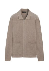 Beiger Strickcardigan mit Reißverschluss vorne, spitzem Kragen, zwei Vordertaschen und strukturierter Oberfläche. Superweicher Stoff bietet Komfort.