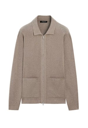 Beige gebreid vest met een ritssluiting aan de voorkant, een puntige kraag, twee steekzakken en een gestructureerde afwerking. Superzachte stof zorgt voor comfort.