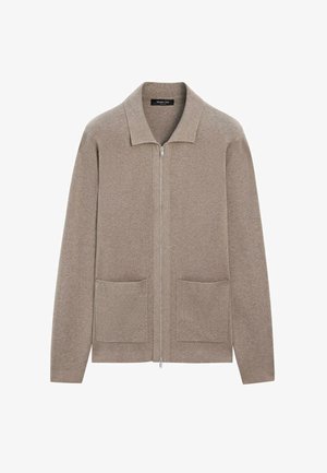 Beige strikket cardigan med lynlås foran, spids krave, to forlommer og en tekstureret finish. Super blødt stof sikrer komfort.