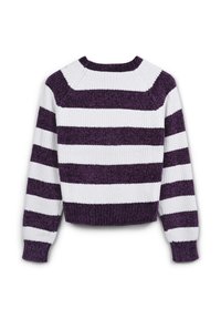 Lila- und weiße gestreifte Strickjacke mit geripptem Muster, Rundhalsausschnitt und leicht verkürztem Design, ausgestattet mit langen Ärmeln.