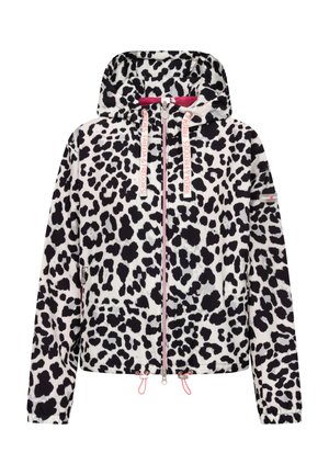 Zwart-witte luipaardprint jas met ritssluiting en capuchon, met roze ritsaccenten en merknaamkoordjes aan de capuchon.