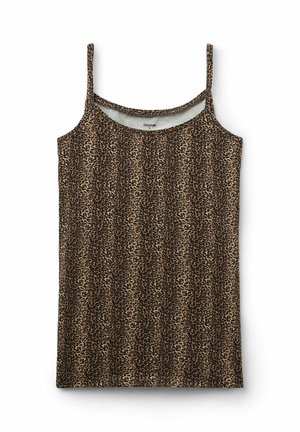 Débardeur en imprimé léopard avec des bretelles fines, un col rond et une texture douce. Les couleurs principales sont beige et marron.