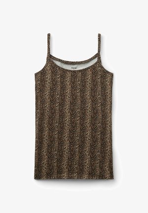 Débardeur en imprimé léopard avec des bretelles fines, un col rond et une texture douce. Les couleurs principales sont beige et marron.