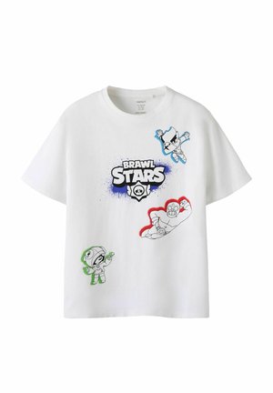 T-shirt blanc à manches courtes avec logo "Brawl Stars" bleu et trois personnages de dessin animé entourés de bleu, rouge et vert sur le devant.