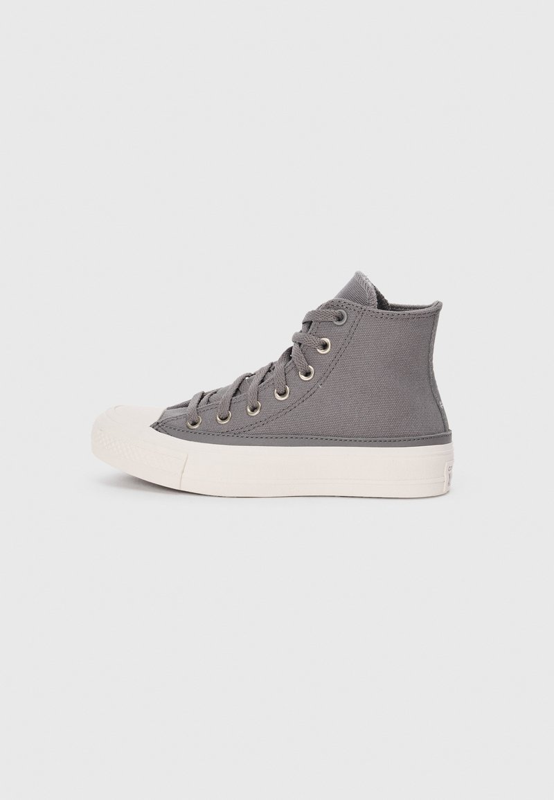 High-top gray canvas sneaker with rubber sole, metal eyelets, and flat laces. Features a white toe cap and midsole detailing.