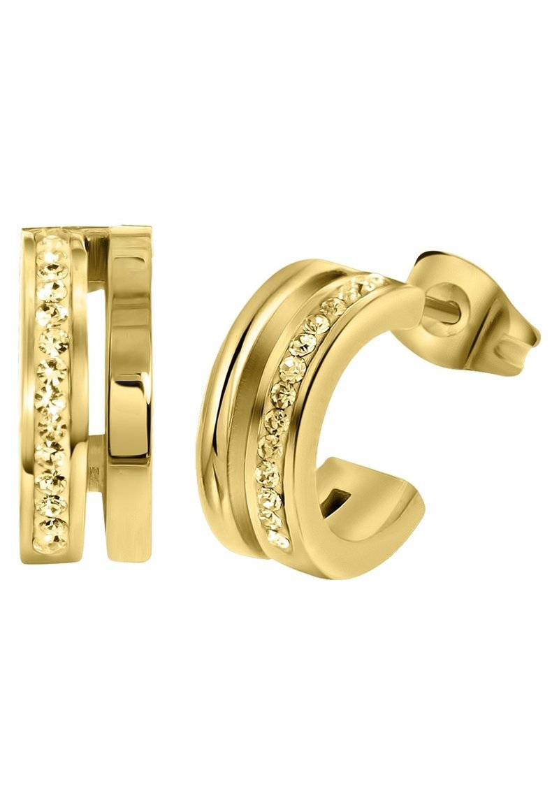 Gouden hoepel oorbellen met een gladde afwerking, voorzien van een rij heldere kristallen aan de voorkant en een veilige postsluiting.