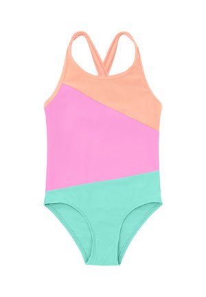 Costume intero con spalline incrociate sulla schiena, caratterizzato da blocchi di colore inclinati in pesca, rosa e turchese.
