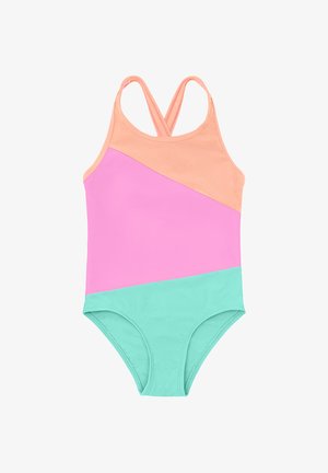 Maillot de bain une pièce avec bretelles croisées dans le dos, présentant des blocs de couleur inclinés en pêche, rose et turquoise.