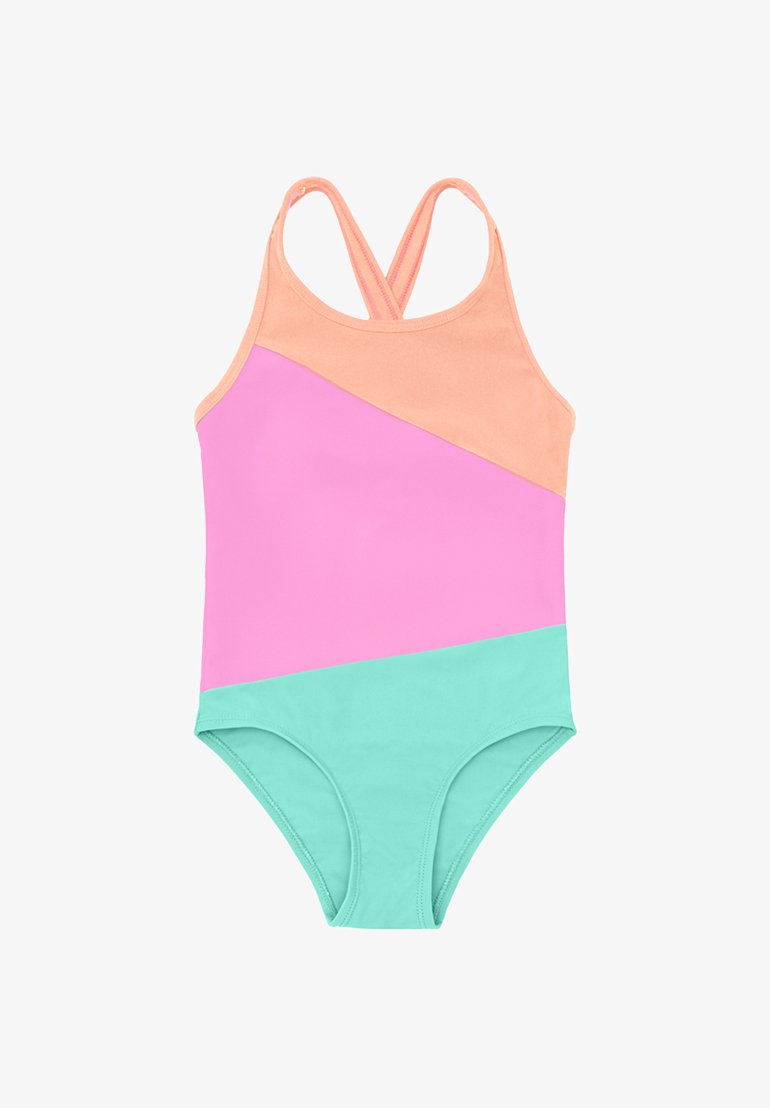 Eendelig badpak met kruisbandjes aan de achterkant, voorzien van schuin geplaatste kleurvlakken in perzik, roze en turkoois.