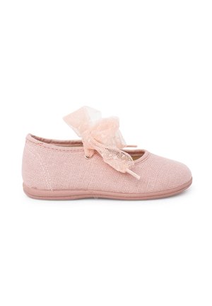 Pink fabric flat shoe with a lace bow tied across the top, designed for young children.