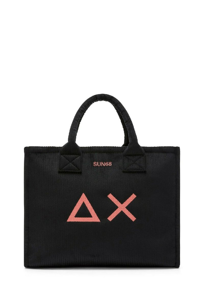 Borsa a tracolla nera in tessuto con due manici, caratterizzata da design geometrici rosa e logo "SUN68" ricamato sul davanti. Materiale in tela texturizzata.