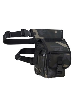 Camouflage utility bag with adjustable black straps and multiple compartments. Features a flap with Velcro closure and a front zipper pocket.